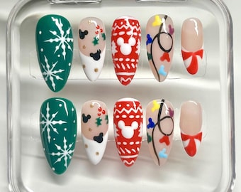 Disney Christmas press- on nails, Holiday Mickey nails, Disneyland, Disney World, Snowflakes, Candy Cane