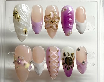 Rapunzel Press On Nails: 3D Gel Flower, Pastel Sparkle