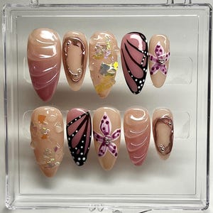 Butterfly Floral Press-On Nails: 3D Gel Iridescent Pink Chrome