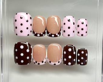 Brown and Pink Polka Dot Press-On Nails: Short Square French Tip