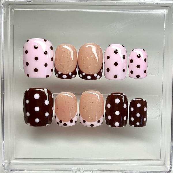 Brown and Pink Polka Dot Press-On Nails: Short Square French Tip