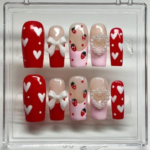 Strawberry Valentine Press-On Nails: Bow & Heart Charms, Gel Fake Nails