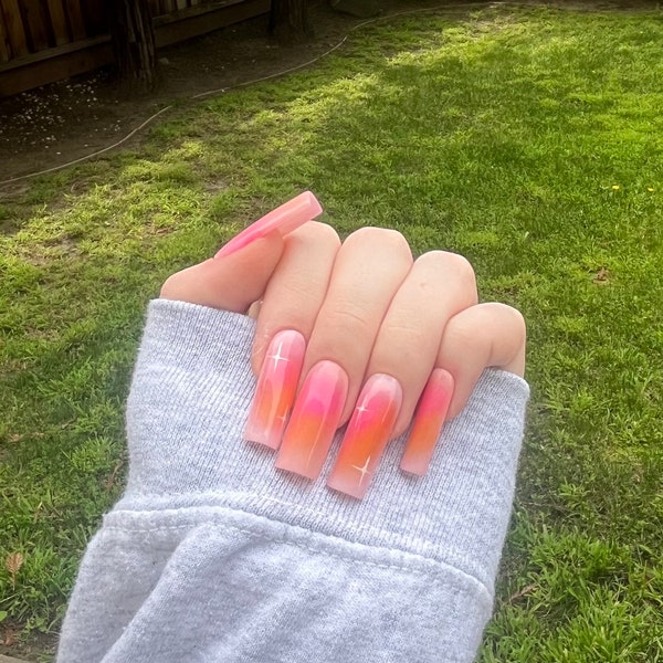 Pink and orange aura, ombré, sparkles, press-on nails