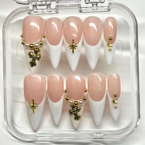 French Tip Press-On Nails: 3D Gold Cross Chain, Glitter Gel Nails