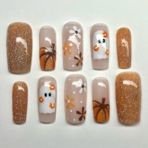 Spooky Fall Press-On Nails: Pumpkin Ghost Sparkle Design