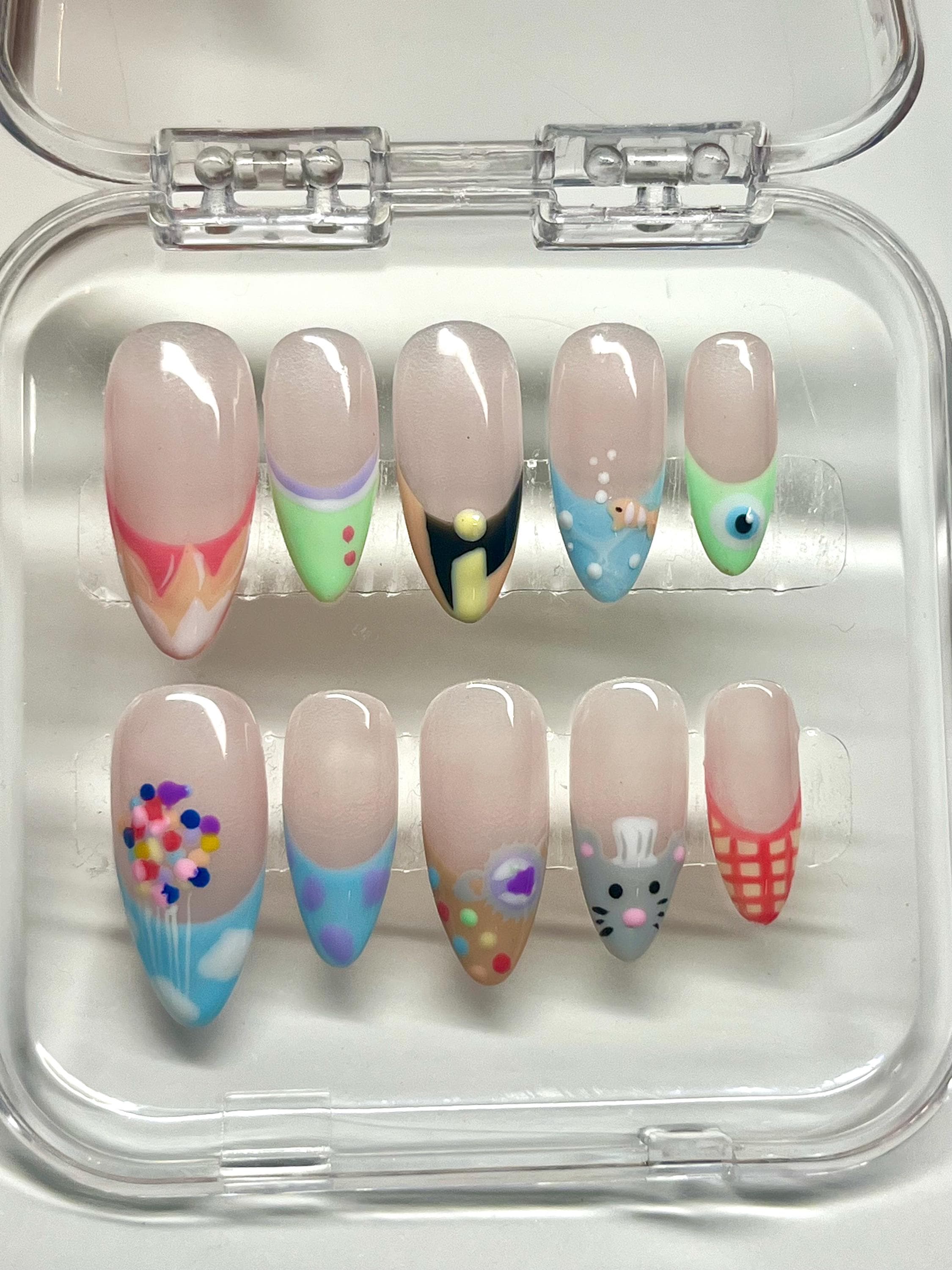 Pixar Character French Tip Press-On Nails: Colorful Design