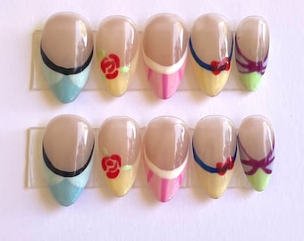 Disney Princess nails, French tips, Sleeping Beauty, Ariel, Snow White, Cinderella, Belle, Disneyland, Disney World, press-on nails