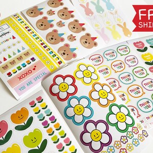10+ FOGLI, Adesivo di ringraziamento, Messaggio, Adesivo per confezione regalo, Crea una borsa regalo, Coniglietto, Pasqua, Faccina sorridente, Orsetto di peluche, Fiore, Adesivo margherita