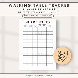 Peut inclure: Un planificateur de suivi de marche imprimable avec une grille pour suivre les promenades quotidiennes. Le planificateur comprend des sections pour la date, la distance, le temps, la fréquence cardiaque, le rythme au repos et les notes. Le texte "WALKING TABLE TRACKER" est en haut.