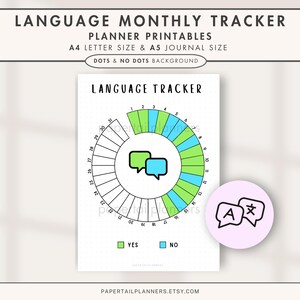 May include: A printable language tracker for a monthly planner. The tracker is a circle divided into 31 sections, with each section representing a day of the month. The sections are coloured green and blue, and there are two speech bubbles in the centre of the circle. The text "YES" and "NO" are below the circle, indicating the meaning of the colours. The text "LANGUAGE TRACKER" is at the top of the page.