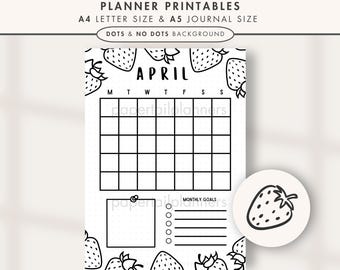 Calendario de abril / Página de planificador imprimible / Planificador mensual / Calendario imprimible / Página de diario / Plantilla de calendario de diario / Página de calendario