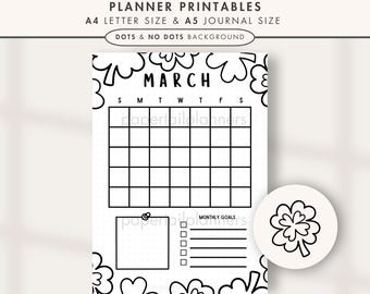 Calendario de marzo / Página de planificador imprimible / Planificador mensual / Calendario imprimible / Página de diario / Plantilla de calendario de diario / Página de calendario