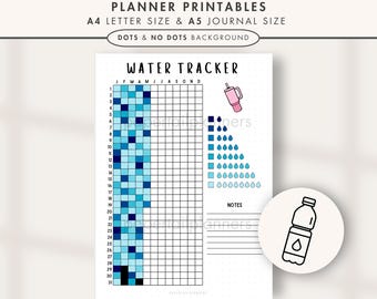 Puede incluir: Hoja de seguimiento de agua imprimible con una cuadrícula azul y blanca para realizar un seguimiento de la ingesta diaria de agua. La hoja incluye un icono de botella de agua, una taza con una pajita y una sección de notas. El texto "WATER TRACKER" está en la parte superior de la hoja.