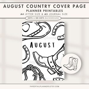 Op de afbeelding: Zwart-wit planner omslag met de tekst "AUGUST COUNTRY COVER PAGE". Het ontwerp bevat illustraties van een cowboyhoed, hoefijzers, een touw en cowboylaarzen. De tekst "AUGUST" is prominent aanwezig.