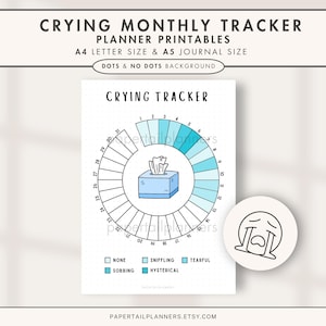 Puede incluir: Un rastreador mensual de llanto imprimible con un diseño circular. El rastreador presenta una ilustración de una caja de pañuelos en el centro, rodeada por un anillo numerado. Las secciones codificadas por colores representan diferentes niveles de llanto. El texto incluye "Crying Tracker".