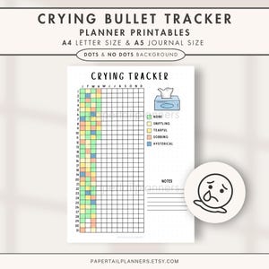 May include: A printable crying bullet tracker planner with A4 and A5 sizes. The design includes a grid for tracking emotions, color-coded for different levels of crying, and a notes section. The image also features a crying face illustration.