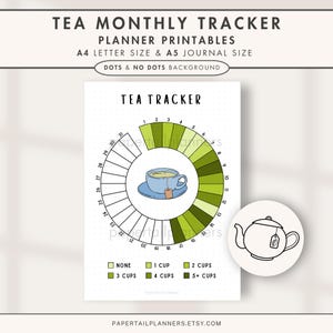 May include: Printable tea tracker for a bullet journal or planner. The tracker is a circle with numbers 1-31 around the outside and a color-coded key for how many cups of tea were consumed each day. The key includes "None", "1 Cup", "2 Cups", "3 Cups", "4 Cups", and "5+ Cups".