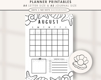 August Seashell Calendar Printable | A4, A5 Journal Size (Digital Download)