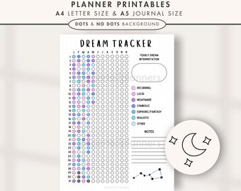 May include: Printable dream tracker planner with a monthly calendar grid, a section for yearly dream interpretation, and a notes section. The grid has circles for each day of the month, with some circles filled in with pink, blue, and purple dots. The planner has a moon and stars illustration.