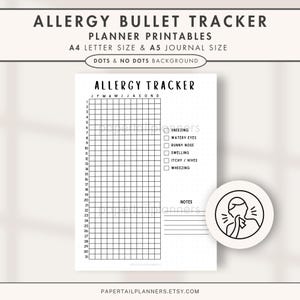May include: A black and white printable allergy tracker with a grid for each day of the month and a checklist of allergy symptoms. The tracker includes a section for notes and a simple illustration of a person sneezing.