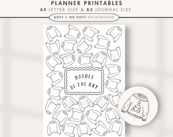 May include: A black and white planner printable with a sweater doodle theme. The design includes multiple sweater illustrations, the text "Doodle of the Day", and the text "Sweaters Doodle of the Day Tracker". The planner is available in A4 and A5 sizes.