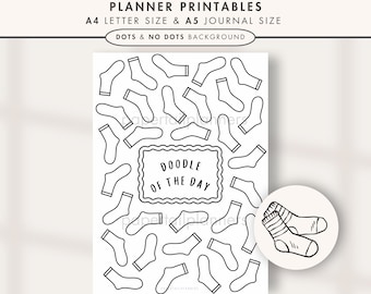 May include: A black and white planner printable with a doodle theme. The design features numerous sock illustrations and the text "SOCKS DOODLE OF THE DAY TRACKER". Includes "DOODLE OF THE DAY" in a decorative frame. Available in A4 and A5 sizes.