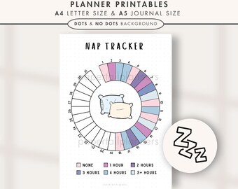 May include: A printable monthly nap tracker with a circular chart divided into sections representing different nap lengths. The chart is surrounded by a dotted background and features a cute illustration of two pillows. The chart is labeled with numbers 1-31 and includes a key with the following nap lengths: None, 1 hour, 2 hours, 3 hours, 4 hours, and 5+ hours.