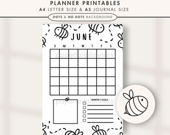 May include: Black and white June Bumblebee Calendar planner printable. The design includes a monthly calendar grid, monthly goals section, and bumblebee illustrations. The text includes "June", "A4 Letter Size & A5 Journal Size", and "Dots & No Dots Background".