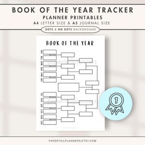 May include: Black and white printable planner page with a tree-like chart for tracking goals throughout the year. The page is titled "Book of the Year" and includes months of the year listed vertically on the left side. The page is designed for use with a dotted journal.