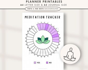 Könnte beinhalten: Ein druckbarer Meditations-Tracker mit einem Kreis, der in 31 Abschnitte unterteilt ist. Jeder Abschnitt ist von 1 bis 31 nummeriert. Die Mitte des Kreises zeigt eine grüne Lotusblume. Der Tracker hat zwei Kästchen mit den Wörtern "JA" und "NEIN" daneben. Eine stick figure, die meditiert, befindet sich in der unteren rechten Ecke.