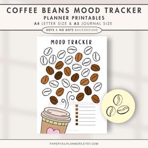Può includere: Un tracker dell'umore stampabile a tema caffè. Il design presenta chicchi di caffè in varie tonalità di marrone e bianco, insieme a un'illustrazione di una tazza di caffè. Il testo include "Coffee Beans Mood Tracker" e "Planner Printables".