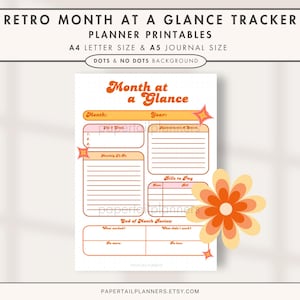 Pode incluir: Um planificador mensal imprimível com um design retro. O planificador tem seções para listas de tarefas, compromissos, contas a pagar e uma revisão do final do mês. O planificador está disponível nos tamanhos A4 e A5 e vem com um fundo de pontos ou sem pontos.