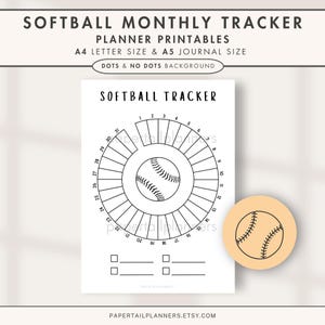 Könnte beinhalten: Eine druckbare Softball-Monatsplaner-Seite mit dem Text SOFTBALL MONTHLY TRACKER, A4 LETTER SIZE & A5 JOURNAL SIZE, DOTS & NO DOTS BACKGROUND und SOFTBALL TRACKER. Sie enthält einen kreisförmigen Kalender mit 31 nummerierten Segmenten.