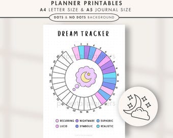 May include: A printable dream tracker with a circular design, featuring a crescent moon and stars. The tracker includes sections for recurring, nightmare, and other dream types. The text reads "Dream Monthly Tracker" and "Planner Printables".