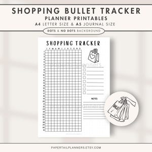 May include: Printable shopping tracker planner with a grid for each month of the year, a checklist, and a notes section. The planner has a dotted background and features a shopping bag illustration.
