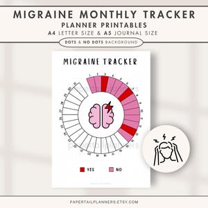 May include: A printable migraine tracker with a brain icon and a circle divided into 31 sections. Each section is labeled with a number from 1 to 31. The sections are colored red or pink to indicate whether the user had a migraine on that day. The text "YES" is next to a red square and the text "NO" is next to a pink square. The text "MIGRAINE TRACKER" is at the top of the page.
