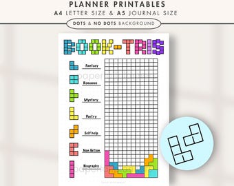 May include: A printable book tracker with the title "BOOKTRIS TRACKER" in colorful block letters. The design includes a grid for tracking books, with categories like Fantasy, Romance, and Mystery. The planner is available in A4 and A5 sizes.