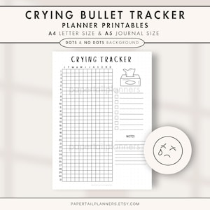 Pode incluir: Uma página de planejador imprimível intitulada "Crying Bullet Tracker" com uma grade para rastreamento, um gráfico de caixa de lenços e um ícone de rosto triste. Disponível nos tamanhos A4 e A5, com fundos de pontos e sem pontos.
