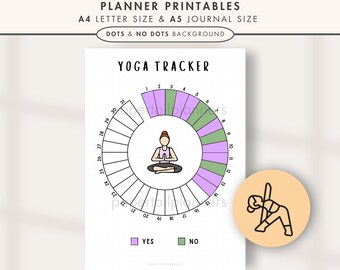 May include: A printable yoga tracker with a circle divided into 31 sections. Each section is labeled with a number from 1 to 31. The circle is divided into two colors: purple and green. The purple sections represent "yes" and the green sections represent "no". There is a small illustration of a person in a yoga pose in the center of the circle. The text "Yoga Tracker" is at the top of the page.
