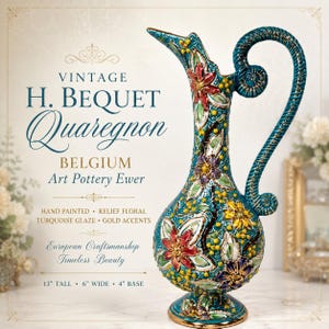 May include: A vintage H. Bequet Quaregnon Belgium art pottery ewer with a turquoise glaze, relief floral patterns, and gold accents. The ewer features a curved handle and stands 13 inches tall, 6 inches wide, with a 4-inch base.