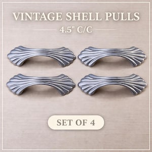 Vintage Shell Drawer Pulls 4.5” C/C Silver Cabinet Handles Set of 4