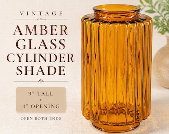 Vintage Amber Glass Cylinder Shade | Ribbed Optic Mid Century Pendant Light 9