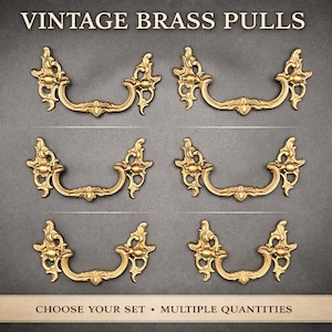 Vintage Brass Drawer Pulls Set, French Provincial Hardware, Ornate Dresser Handles, Rococo Cabinet Pulls