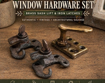 Antique Window Hardware Set, Brass Sash Lift & Iron Latches