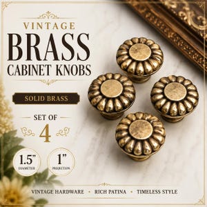 Vintage Solid Brass Cabinet Knobs | Set of 4 Fluted Drawer Knobs | Hollywood Regency French Provincial Furniture Hardware