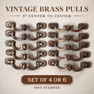 Vintage Brass Drawer Pulls Set, 5” C/C Bail Handles, Mid Century Hardware, 1960 Stamp