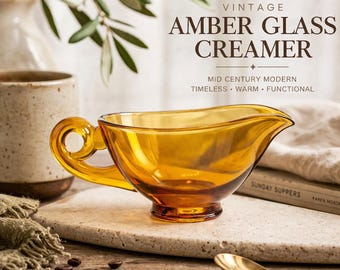 Vintage Amber Glass Creamer Pitcher, Mid-Century Modern Honey Serveware