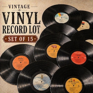May include: A collection of vintage vinyl records. The image shows a lot of 15 records with various label designs and colors. The text "VINTAGE VINYL RECORD LOT SET OF 15" is displayed at the top.