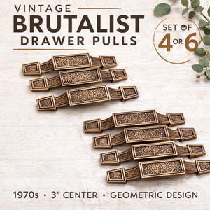 Vintage Brutalist Drawer Pulls Set • 1970s Geometric Cabinet Hardware (3 Inch Center)