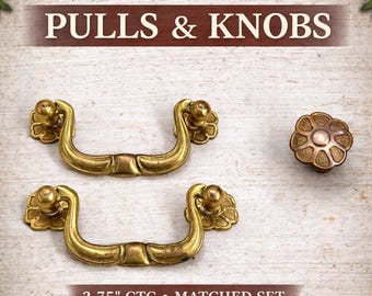 Vintage Solid Brass Floral Drawer Pulls and Knobs Set, French Provincial Cabinet Hardware